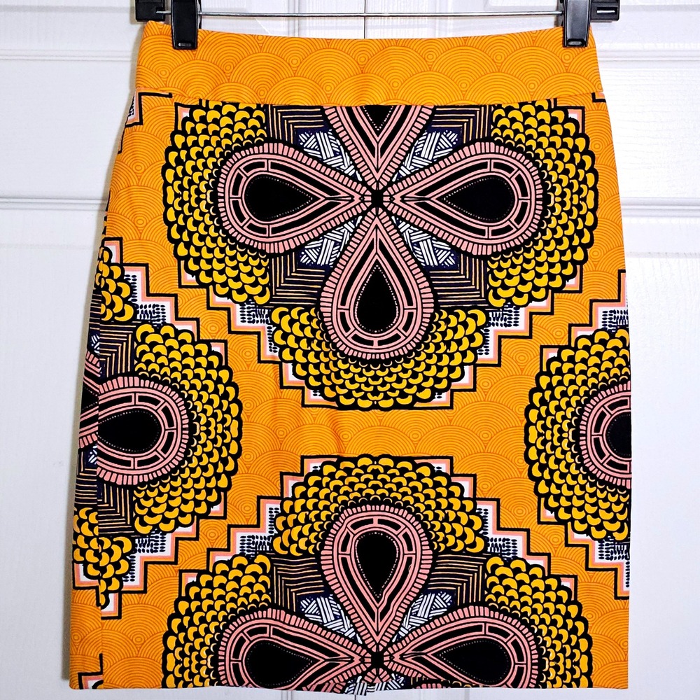 Maeve Anthropologie Mini Pencil Skirt 0P Yellow Ethnic Geometric Career Colorful